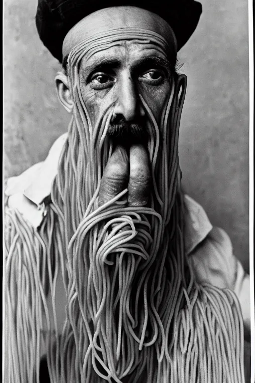 Image similar to extremely detailed portrait of old italian cook, spaghetti mustache, slurping spaghetti, spaghetti in the nostrils, spaghetti hair, spaghetti beard, huge surprised eyes, shocked expression, scarf made from spaghetti, full frame, award winning photo by james van der zee