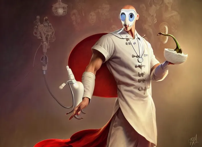 Image similar to anthropomorphic pepper wearing a white doctor's uniform, diffuse lighting, fantasy, hospital background, intricate, elegant, highly detailed, lifelike, photorealistic, digital painting, artstation, illustration, concept art, smooth, sharp focus, art by frank frazetta and marco bucci and loish and rossdraws and artgerm and alphonse mucha