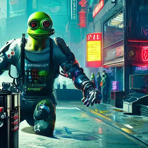 Image similar to cyborg cybernetic pepe frog makes appearance in Cyberpunk 2077. CP2077. 3840 x 2160