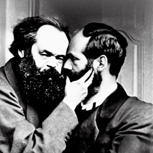 Image similar to Karl Marx and Sigmund Freud hugging and kissing, 1920, Bedroom backround