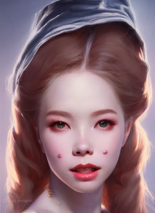 Prompt: of dark fantasy by Kyung Eom, young beautiful Belle Delphine, close up face portrait, medium shot, intricate, elegant, warm light, highly detailed, digital painting, volumetric light, artstation, concept art, smooth, sharp focus, illustration, art by Gil Elvgren and Adolf Wölfli and Peter Mohrbacher