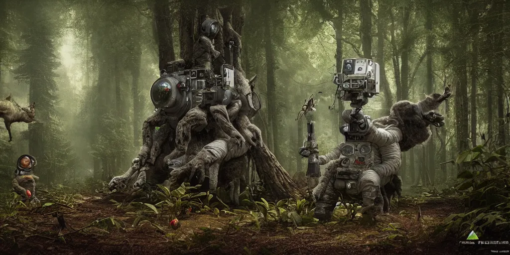 Image similar to an astronaut next to a strange furry six legged creature in a forest, a detailed matte painting by frieke janssens, featured on cgsociety, fantasy art, matte painting, reimagined by industrial light and magic, matte drawing