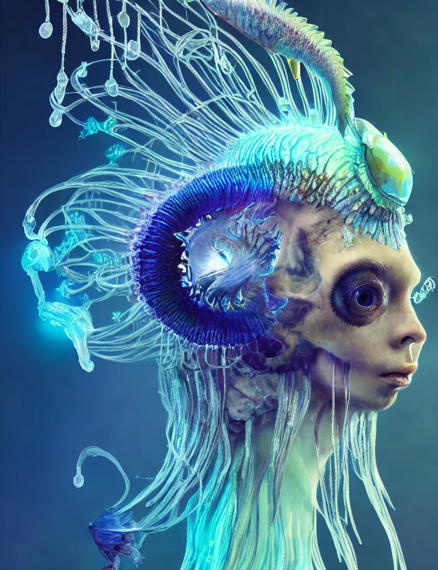 Image similar to goddess macro close - up portrait wigh crown made of ram skull. betta fish, jellyfish phoenix, bioluminiscent, plasma, ice, water, wind, creature, super intricate ornaments artwork by tooth wu and wlop and beeple and greg rutkowski