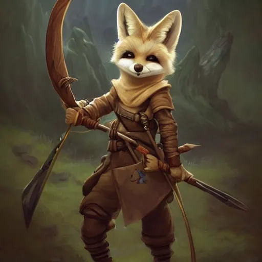 Image similar to cute little anthropomorphic fennec ranger, wielding a bow, tiny, small, short, wizard robe, cute and adorable, pretty, beautiful, dnd character art portrait, matte fantasy painting, deviantart artstation, by jason felix by steve argyle by tyler jacobson by peter mohrbacher, cinema