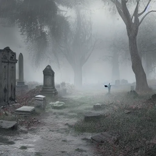 Prompt: a ghost walking though an old cemetary. haunted. night, rain, mist. photoreal. hyper detailed. trending on artstation