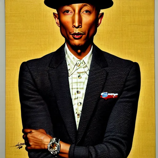 Image similar to pharrell williams by gil elvgren and norman rockwell and rob gonsalves and hajime sorayama, hyperrealistic, high detail, ultra detailed, highly detailed face, ruffled fabric