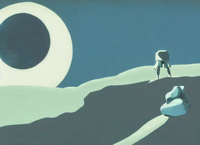 Image similar to isometric angle of moon knight standing in a crater on the moon, by ralph mcquarrie, by eyvind earle, by guillermo del toro