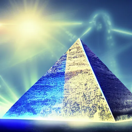 Image similar to big pyramid with blue glow lights and huge spaceship in sky, fog in background, realistic, 2 0 mm cinematic looking, drama, scary