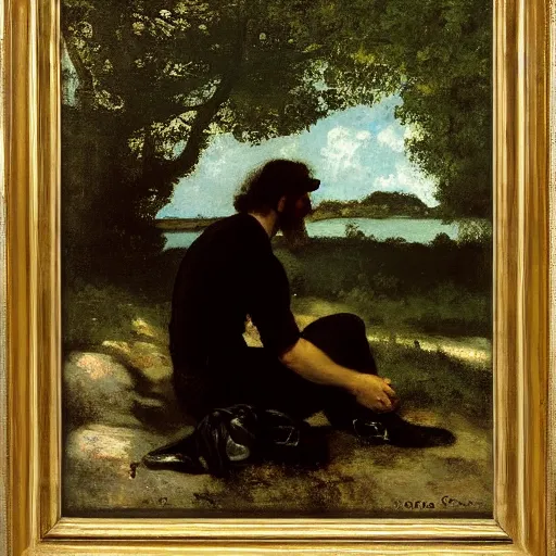 Prompt: a painter sits pensively selling his paintings. created by gustave courbet.