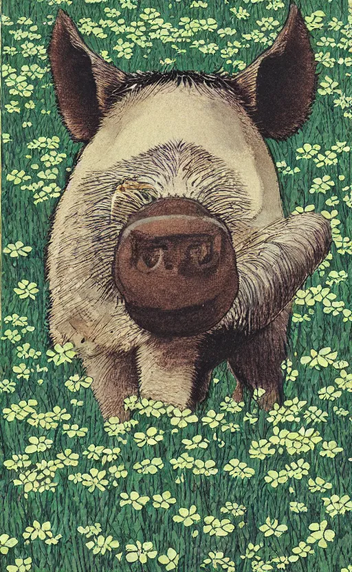 Image similar to by akio watanabe, manga art, a boar walking in a field of clovers, trading card front