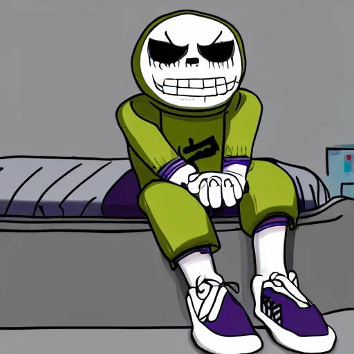 Image similar to Sans Undertale sitting on the edge of the bed, depressed