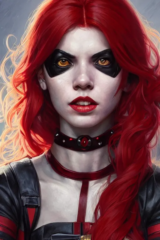 Image similar to portrait of a girl wearing deadpool costumes, upper body, red hair, long hair, d & d, fantasy, fierce, sharp features, intricate, elegant, highly detailed, digital painting, artstation, concept art, matte, sharp focus, illustration, art by artgerm and greg rutkowski and alphonse mucha