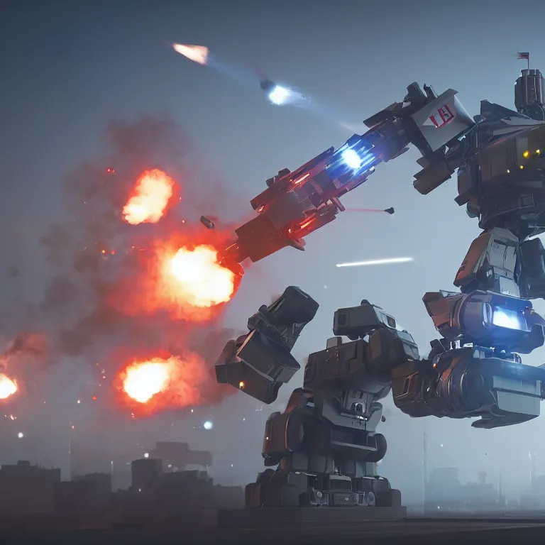 Image similar to Giant police mech fires rockets at helicopter, color, cinematic lighting, highly detailed, octane render