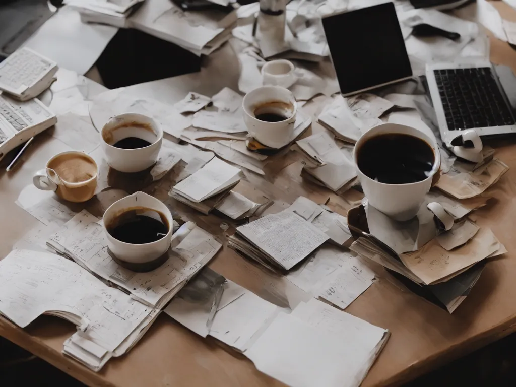 Image similar to coffee cups on 90s cubicle table, near computer