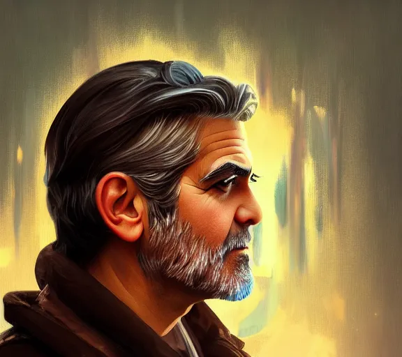 Prompt: portrait of george clooney, fire in eye, snow glow, pool party, highly detailed, digital painting, artstation, sharp focus, illustration, art by tan zi and ayanamikodon and alphonse mucha and wlop