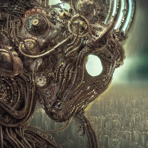 Image similar to cybernetic demon dreaming, lsd, circuitry, intricate detail, royo, whealan, giger, klimt, hd, octane render,