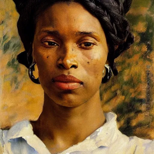 Prompt: A stunning masterful portrait of a confident Yoruba woman with braided hair and a scar on her cheek by Andrew Wyeth, John Singer Sargent, and Norman Rockwell, natural light, oil painting, ethereal, earth tones, strong brushwork