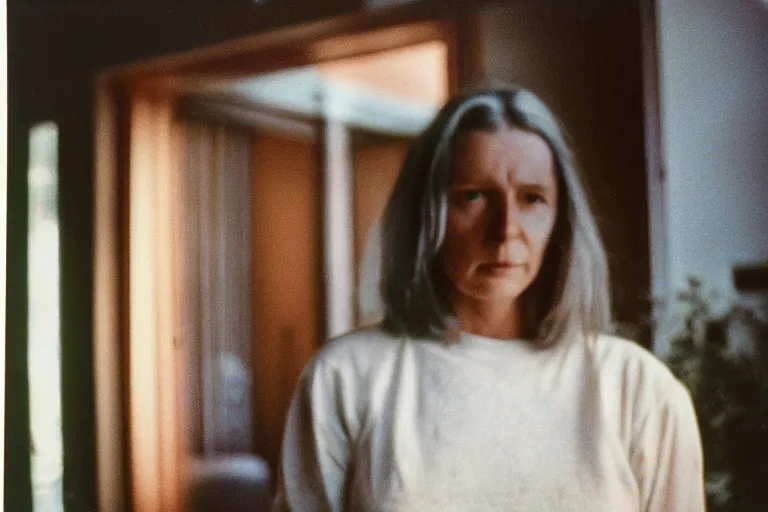 Image similar to backlit photograph of woman standing in front of object radiating esoteric energy in suburban living room, crisp focus, highly detailed, in george hardie style, 3 5 mm ektachrome