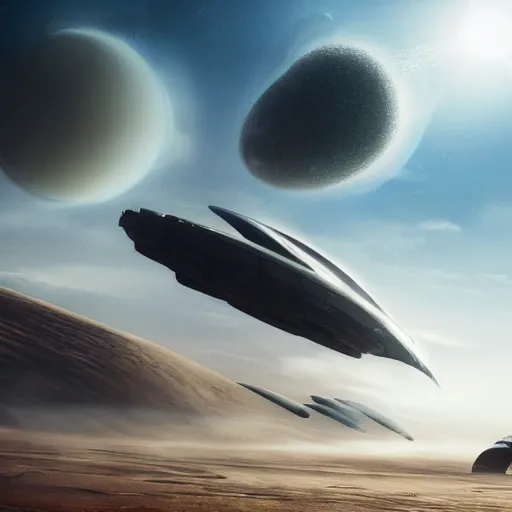 Prompt: sci - fi spaceship in combat, in planet atmosphere and dense fog, explosions, highly detailed, dune scene, denis villeneuve