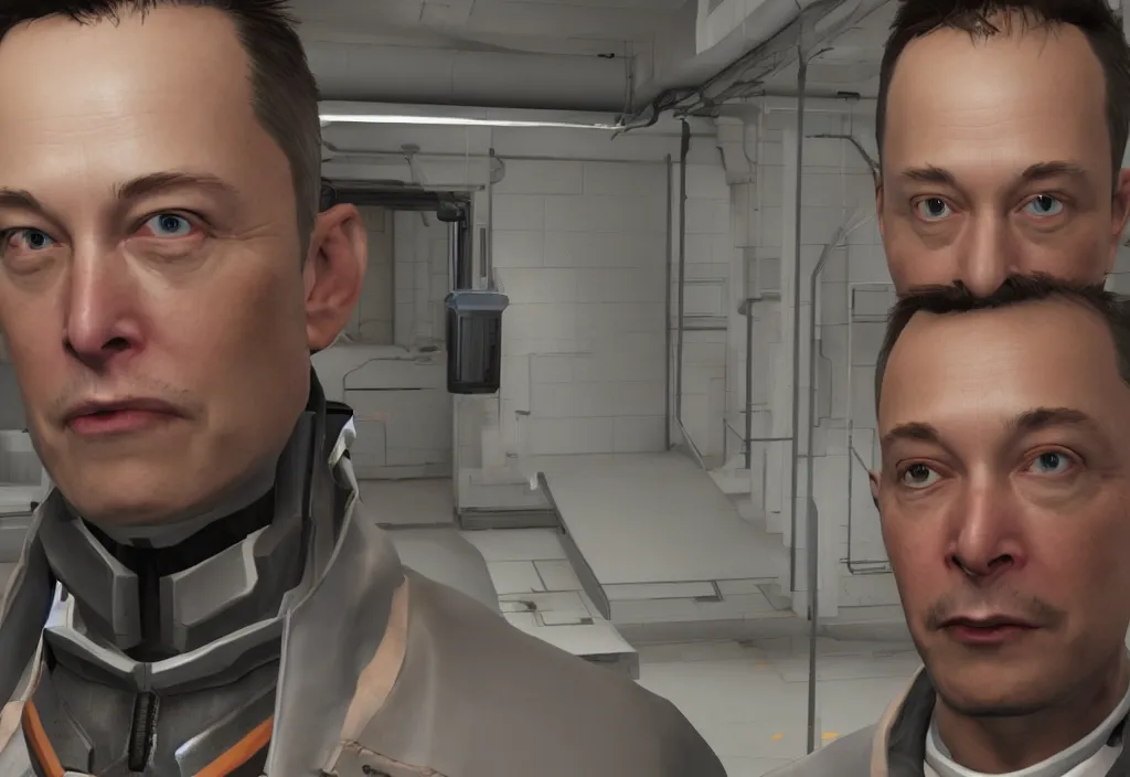 Image similar to elon musk in half life, elon musk in the video game half life, gameplay screenshot, close up, 3 d rendering. unreal engine. amazing likeness. very detailed.