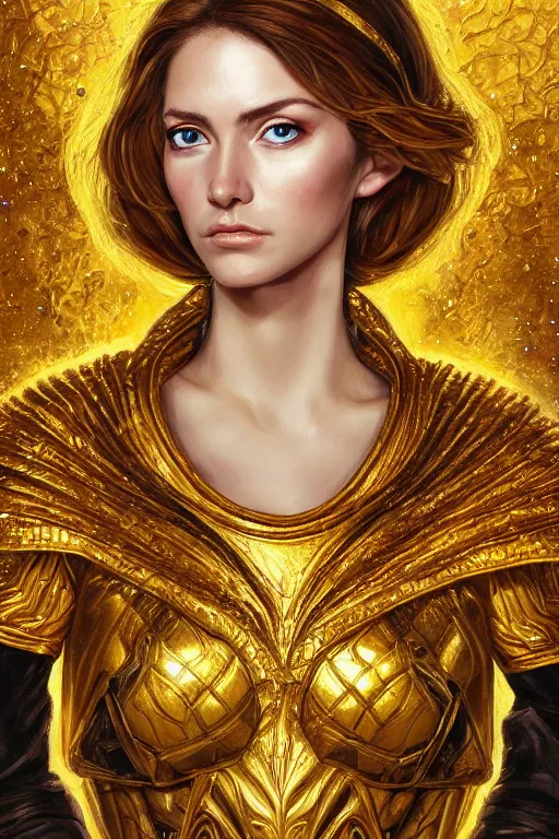 Image similar to high quality extremely detailed closeup portrait of a young gorgeous female warlock looking away from the camera wearing very reflective golden armor, detailed eyes, sparkle in eyes, no hands visible, fantasy, d & d, intricate, painting by lucian freud and mark brooks, hd