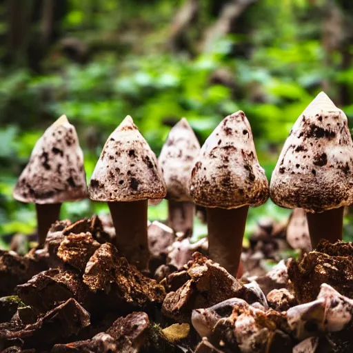 Image similar to a sharp photograph of a clump of rocky road ice cream cones growing in the deep lush forest like mushrooms. Shallow depth-of-field, dramatic light