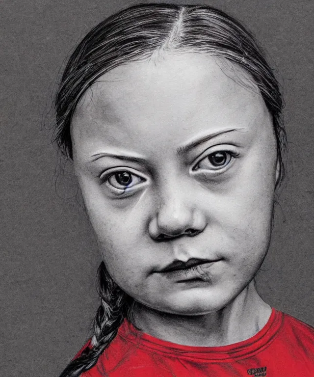 Prompt: highly detailed portrait of greta thunberg, drawn on kraft paper with red, black, and white charcoal