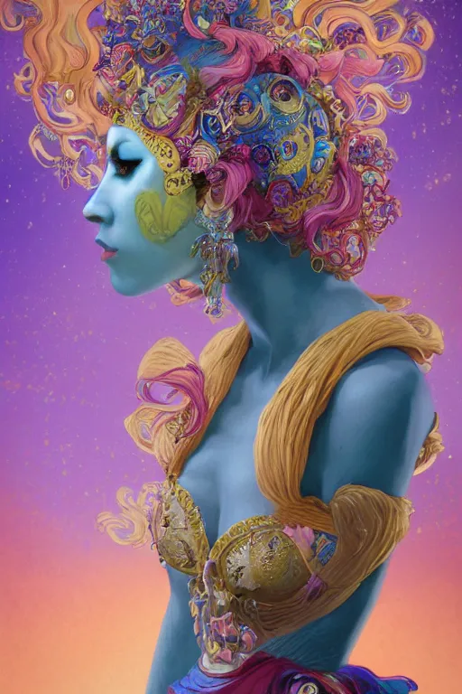 Image similar to woman in Venetian mask, profile, center of the universe, psychedelic, character concept, floating hair, gauzy dress, full body shot, many colors, colorful, all colors, highly saturated colors,, fantasy character, detailed illustration, hd, 4k, digital art, overdetailed art, concept art, Dan Mumford, Peter Mohrbacher, Alfons Mucha, Greg Rutkowski, trending on artstation