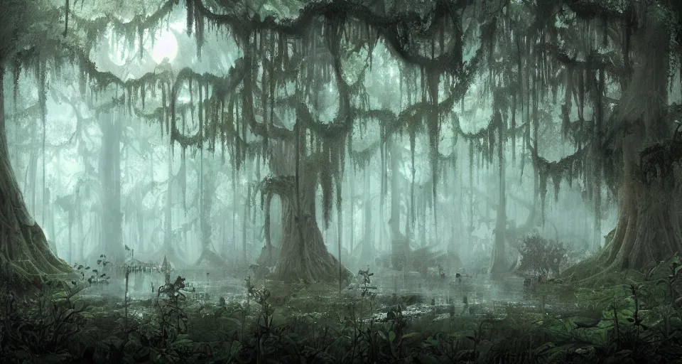 Image similar to A dense and dark enchanted forest with a swamp, by Marc Simonetti