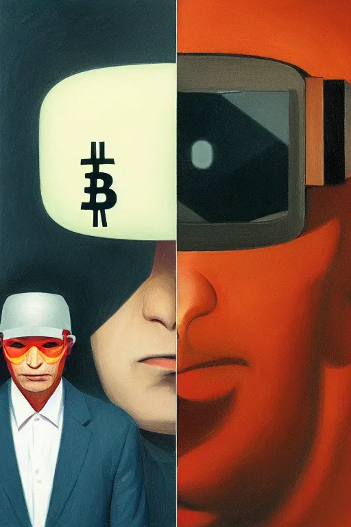 Image similar to Satoshi Nakamoto wearing Oculus and bitcoin over his head Edward Hopper and James Gilleard, Zdzislaw Beksisnski, higly detailed