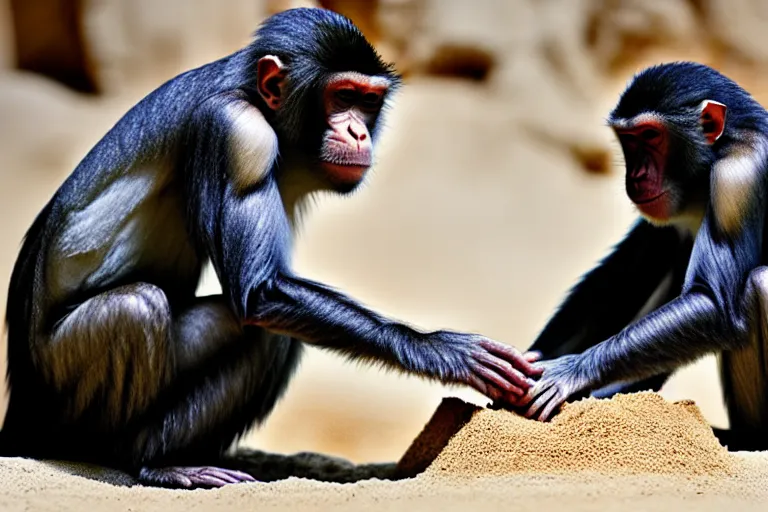 Image similar to a primate touching a completed sand castle