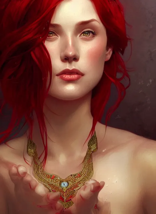 Image similar to Red short hair Portrait of woman, fantasy, intricate, elegant, highly detailed, digital painting, artstation, concept art, smooth, sharp focus, illustration, art by artgerm and greg rutkowski and alphonse mucha