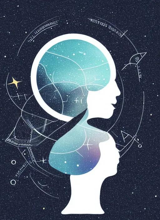 Prompt: minimalist circle logo icon for a wandering mind, contained within a circled, brain funnel attention, stars, retro psychology, victo ngai, kilian eng, lois van baarle