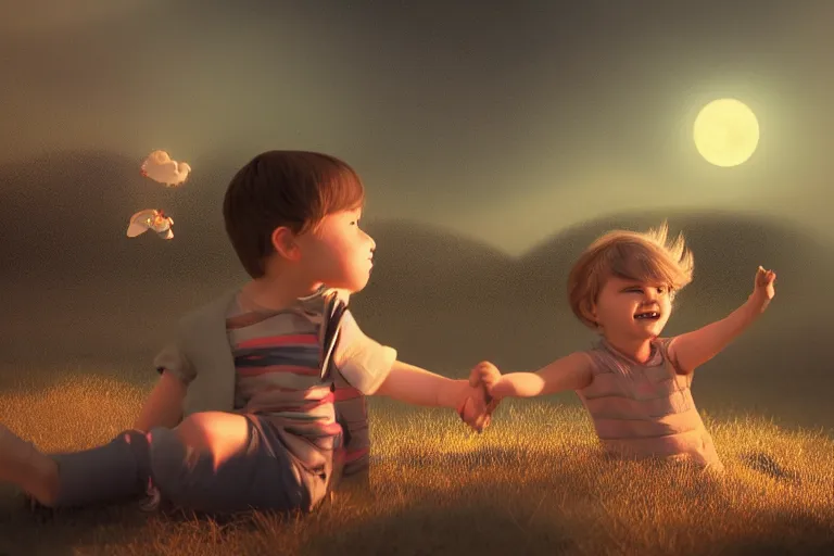 Prompt: a cute little boy and a girl wave their hands for camera, dreamy matte painting, night time, volumetric lighting, smooth, trending on artstation, moonlit backdrop