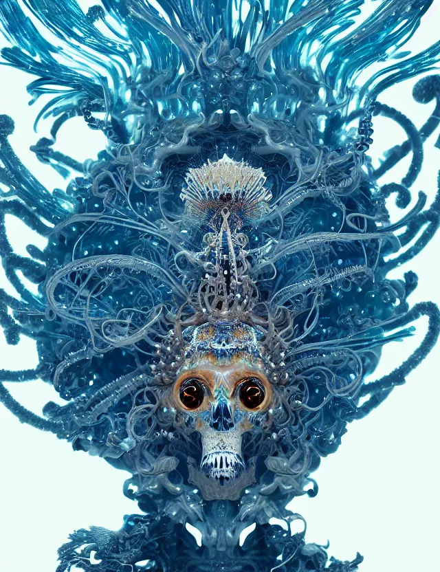 Image similar to goddess phoenix macro close - up portrait with crown made of ram skull. phoenix, betta fish, jellyfish, bioluminiscent, plasma, ice, water, wind, creature, super intricate ornaments artwork by tooth wu and wlop and beeple and greg rutkowski