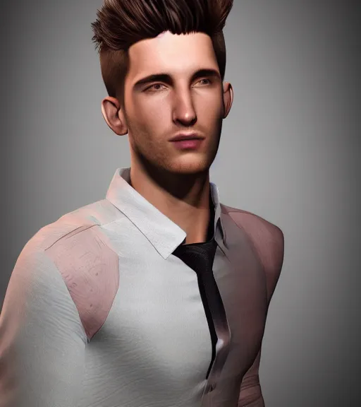 Image similar to photo realistic render of the most handsome young man in the world, he is seductive, beautiful, perfect and has multicoloured eyes that shine