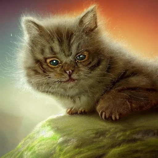 Image similar to rescue from the underworld, shadows of the past, chubby moss kitten, highly detailed, digital painting, HDRI, by tyler boswell and jeff easley, vivid colors, high contrast, 8k resolution, intricate, photorealistic, smooth