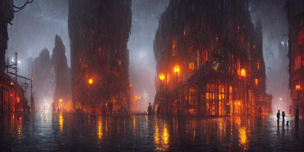 Prompt: a dimly lit fantasy city within a dark cavern, rainy and gloomy atmosphere, viewed from afar, extremely detailed oil painting, unreal 5 render, rhads, bruce pennington, studio ghibli, tim hildebrandt, digital art, octane render, beautiful composition, trending on artstation, award - winning photograph, masterpiece