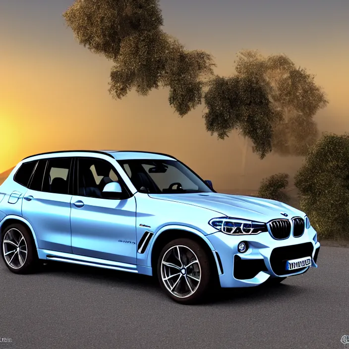 Prompt: a miniature of a blue BMW X3 on a white table at sunset, godrays, calm, relaxing, beautiful landscape, octane render, unreal engine 5, 4k, complementary colours, high quality, highly detailed, low contrast