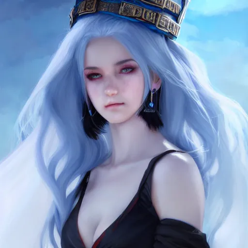 Prompt: card art of a teenager girl wizard with white hair black gow with blue sash, black gow, blue sash, white long hair, Cushart Krenz, very detailed, realistic face, detailed face, matte, tonemapping, bbwchan, perfection, 4K, Cushart Krenz