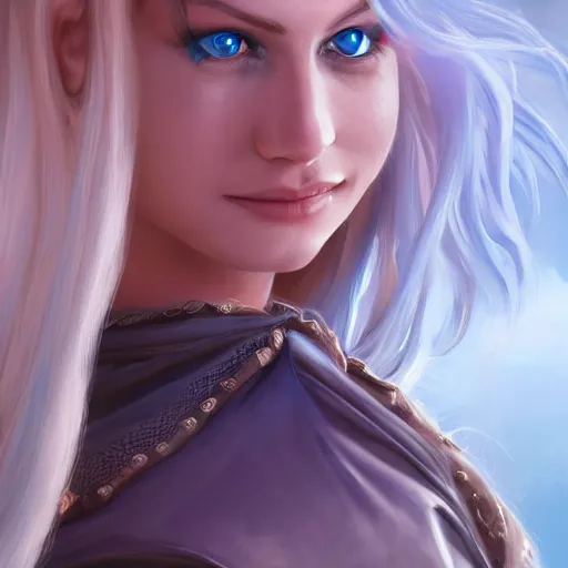 Image similar to a beautiful medieval barmaid with blue eyes and long white hair, trending on artstation, cinematic composition, detailed, hd, digital art, realistic