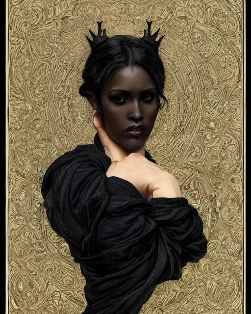 Image similar to portrait of a tall 4 0 - year - old woman with thin lips, long, lush black hair like a crown black, and thick eyebrows, wearing in black clothes, aristocratic appearance, hyper realistic face, beautiful eyes, close up, fantasy art, in the style of greg rutkowski, intricate, alphonse mucha, hyper detailed, smooth