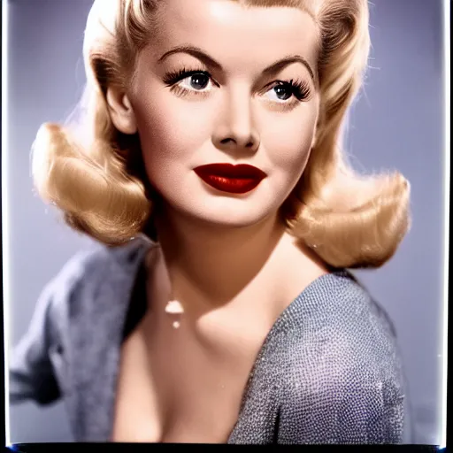 Prompt: an analog 4x5 camera portrait photography of a 1950s hollywood actress, actress, blonde, vivacious, demur, cinematic, portrait color glamour, hq, detailed
