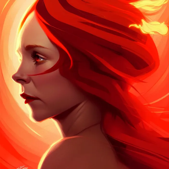 Image similar to style artgerm, joshua middleton, marc simonetti, beautiful kristen bell with dark red dress, very long orange hair, symmetrical face, symmetrical eyes, fire powers fire swirling, detailed, volcano setting, cinematic lighting