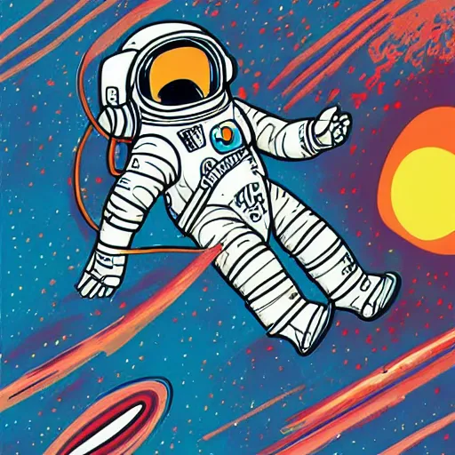 Image similar to juxtapoz illustration of an astronaut drifting in space staring at the earth