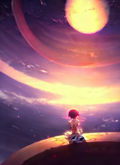 Image similar to anime girl floating against the backdrop of dawn, saturn in the background, illustration, concept art, anime, key visual, trending pixiv fanbox by wlop and greg rutkowski and makoto shinkai and studio ghibli