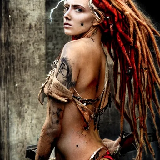 Prompt: pretty woman with red and blonde dreadlocks, standing in a ruined post apoc street, holding a spare. dramatic lighting luis royo, wlop