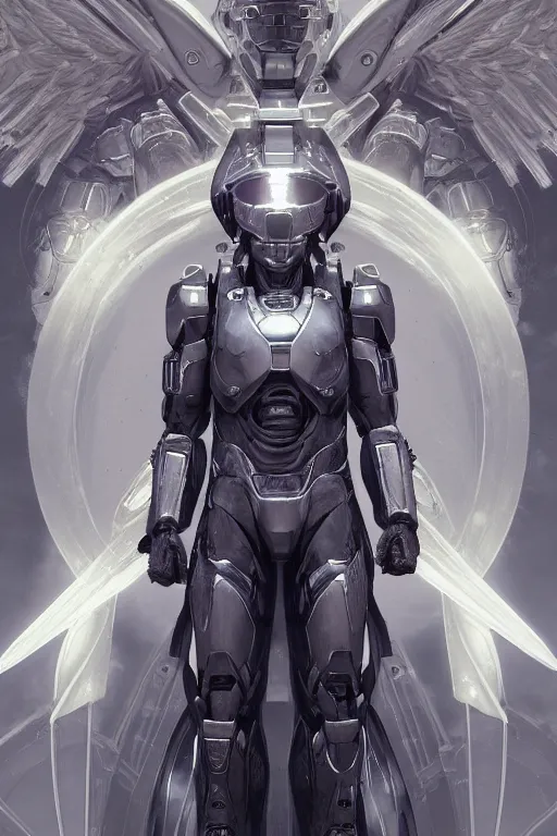 Image similar to portrait of master chief as a one winged angel with a halo behind her, catholic religious art, ornate, fractal cloud, sacred, opposite cyberpunk, nebula, halo, strong, seductive, imposing, biomechanical, biblical, by moebius and greg rutkowski and artgerm, octane render, trending on artstation
