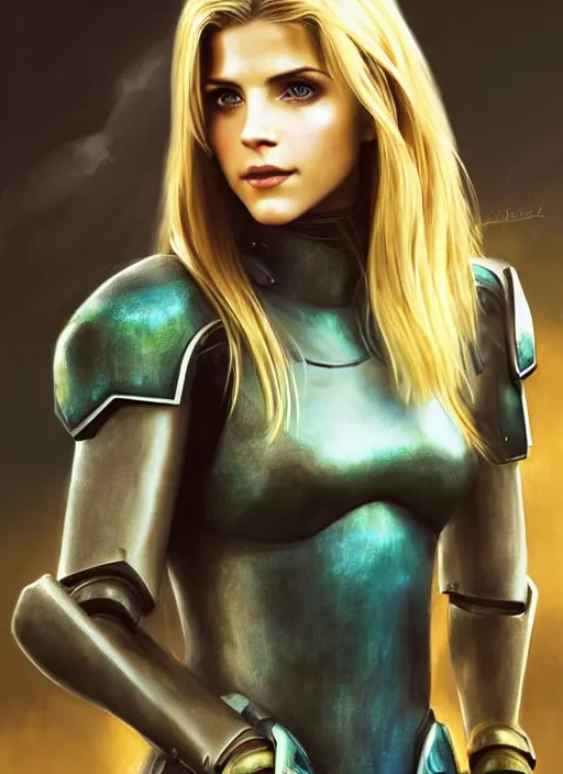 Image similar to portrait of a combination of Ashley Greene, Katheryn Winnick, Victoria Justice and Adriana Dxim, Grace Kelly, Emma Watson and Lily Collins with blonde hair wearing Samus' Armor from Metroid Prime, countryside, calm, fantasy character portrait, dynamic pose, above view, sunny day, thunder clouds in the sky, artwork by Jeremy Lipkin and Giuseppe Dangelico Pino and Michael Garmash and Rob Rey and Greg Manchess and Huang Guangjian, very coherent asymmetrical artwork, sharp edges, perfect face, simple form, 100mm