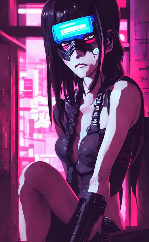 Image similar to cyberpunk anime girl sit in a night bar, cyberpunk oni mask, 3 / 4 shot, street night, beautiful face, grafity, arcane, action, detail, good face, pose model, concept art, in style of yoji shinkawa, pan ren wei, col price, atey ghailan, by greg rutkowski, aesthetic, digital painting